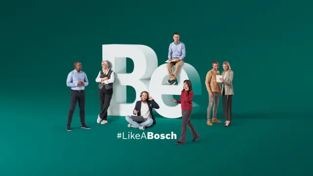 A group of people interacting around the slogan “Be #LikeABosch”.