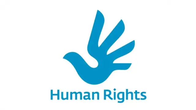 Darstellung einer blauen Hand auf weißem Hintergrund; unter der Hand befindet sich der Schriftzug „Human rights“.