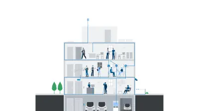 Illustriertes Gebäude mit Personen und verbundenen Sicherheitssystemen