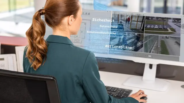 Frau von hinten sitzt vor Bildschirmen mit Überwachungsvideos