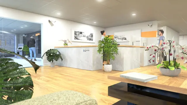 Servicebereich einer Bank von Innen mit Bankschalter und Blick in Richtung Foyer.