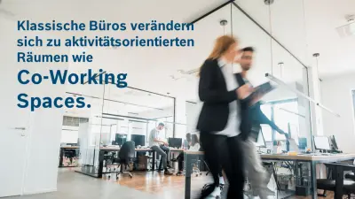 Innenansicht Bürogebäude, Großraumbüro mit Menschen