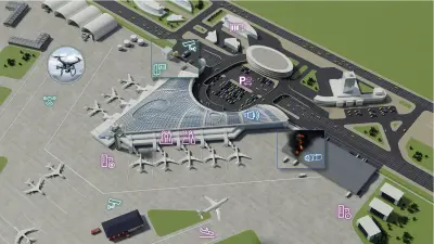 Infografik Flughafen mit Sicherheitsbereichen und Gebäudetechnik