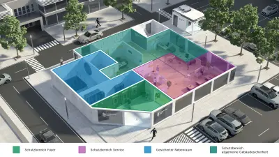 3D-Modell einer Bankfiliale von oben mit farblich markierten Schutzbereichen.
