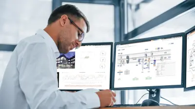 Mann steuert Gebäude mit Gebäudemanagement-Software