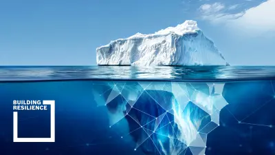 Eisberg mit Unterwasseransicht und Vernetzungslinien und der Aufschrift Building Resilience