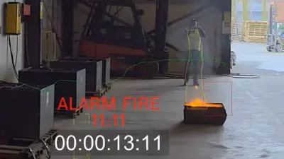 Ansicht Dashboard für die Videoüberwachung einer Lagerhalle, wobei die Kamera ein Fueer erkennt.