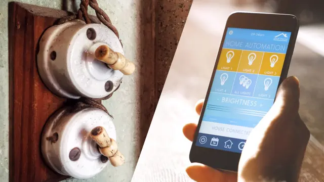 collage of old security device and new smartphone app