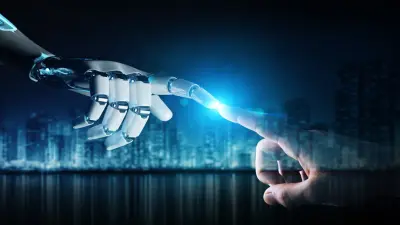 Robotics Hand touching human hand and fingers