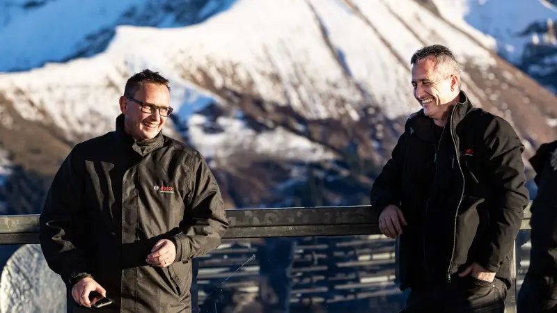Bosch associates Michel Huger (left) and Roland Simion on the terrace at the Fellhornbahn Oberstdorf mountain station.