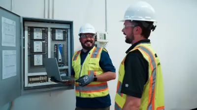 Climatec colleagues at a control panel for the building automation of heating, ventilation and air conditioning systems