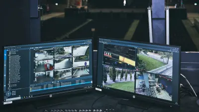 Screens with video surveillance, security system of the Rudolf Weber-Arena Oberhausen, Germany