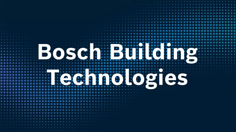 Die Worte Bosch Building Technologies auf einem dunkelblauen Hintergrund mit kleinen blauen Quadraten.