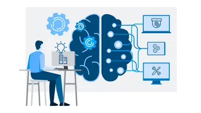 Illustration Mann sitzt am Monitor, Grafik Gehirn mit digitalen Tools vernetzt, Bosch