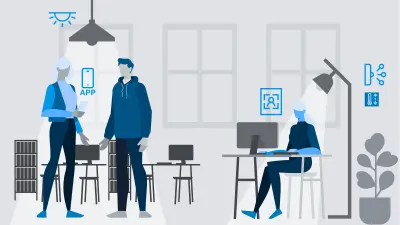 Illustration drei Menschen im Büro, Schreibtische und Lampen, Bosch