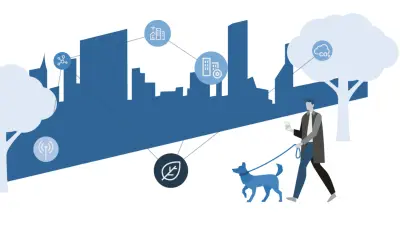 Illustration, man with dog in front of digital and networked buildings