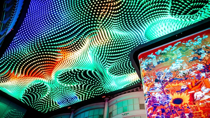 Digital LED ceiling at The Printworks, Manchester, interior view, lights