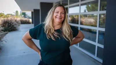 Michelle Luppino, Sales Manager at Climatec, outside the office building in Anaheim, USA