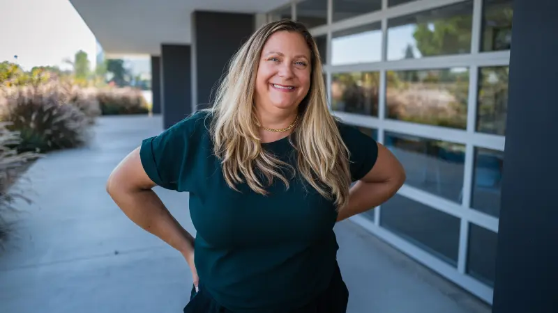 Michelle Luppino, Sales Manager at Climatec, outside the office building in Anaheim, USA