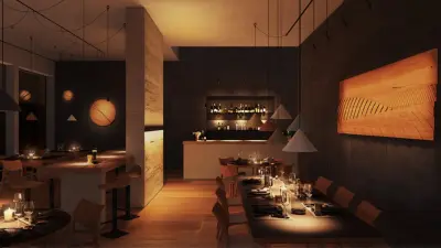 a restaurant with set tables and different lighting scenarios.