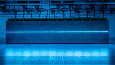 Hochleistungsrechner der Universität Paderborn in Gebäude X, in blau beleuchtet