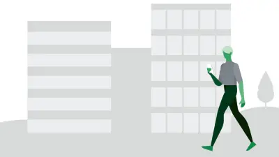 Illustration, man in front of building