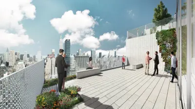 Employees stand on one of the green terraces of the high-rise building