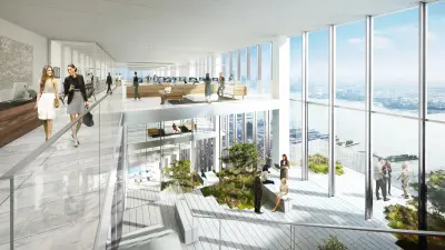 Several people sit, stand and walk in the atrium of the skyscraper