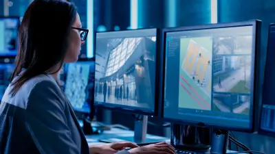 Employee monitors video sequences on multiple monitors