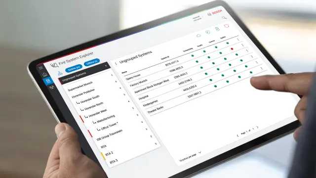 Tablet with user interface of NEXOSPACE Fire System Explorer