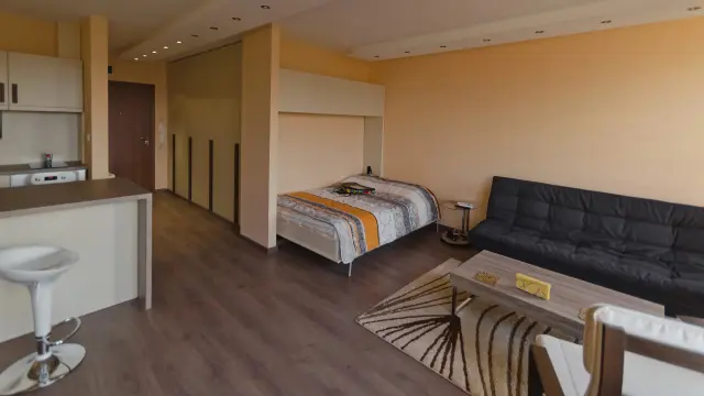 Small studio with kitchen, bed and sofa