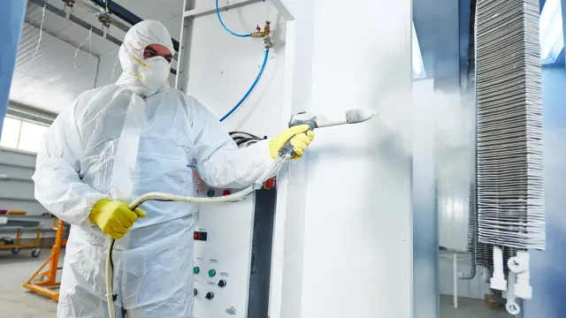 Man in protective suit working with harmful gas