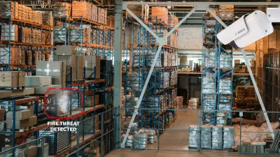 AVIOTEC camera with bright digital number (symbolizing articial intelligence) detects warehouse fire