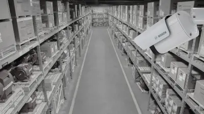 iBOSCH AVIOTEC camera points at warehouse corridor with the lights off