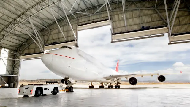 airplane in a hangar