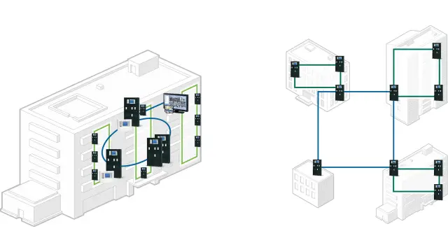 Schematic drawings of a high rise building and dispersed buildings with networked AVENAR panels