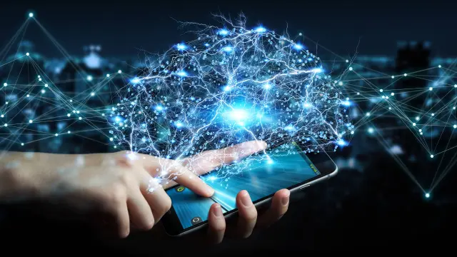 Hand on smart phone with connected light points symbolizing a brain