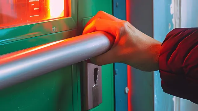 Hand on a door with fire behind it