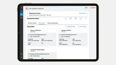 Der Bildschirm eines Tablets mit von NEXOSPACE Fire System Explorer bereitgestellten Informationen zur vorausschauenden Wartung eines Brandmeldesystems