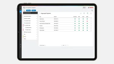 Der Bildschirm eines Tablets mit von NEXOSPACE Fire System Explorer bereitgestellten Informationen über den Status von Brandmeldesystemen