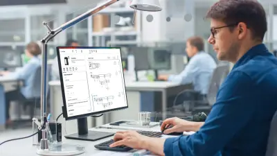 een man zit aan een pc en ontwerpt een systeem